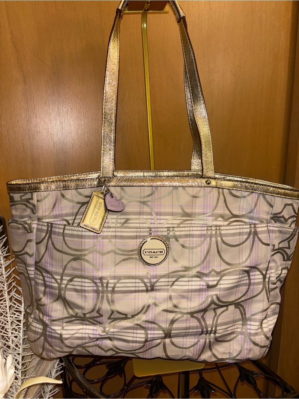 Coach F17137 Signature Tote in Pale Pink with Metallic Gold Trim